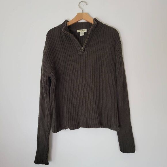 Eddie Bauer Men’s Ribbed Half Zip Sweater L Olive Green 100% Cotton Vintage Y2K - Picture 1 of 7